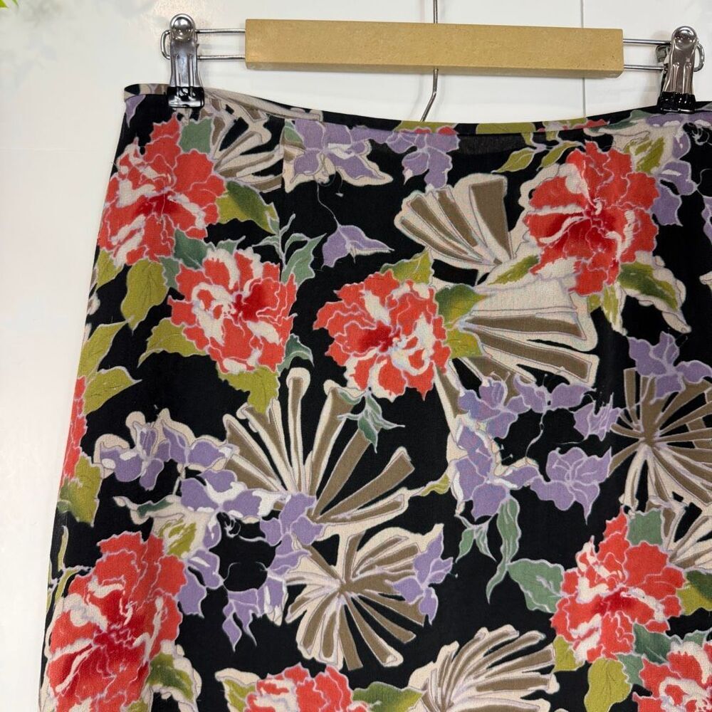 Silk Midi Skirt Vintage Adrianna Papell Size 12 Floral Print High Low Black Red - Picture 14 of 16